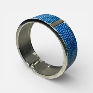 Topitoff Blue Faux Snakeskin Hinged Bangle Bracelet Silver Tone Statement Cuff